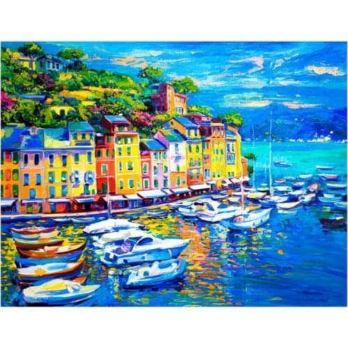 Landscape Colorful Trees Mediterranean Small Town Decorative Painting Canvas Painting Oil Wall Pictures for Living Room Art
