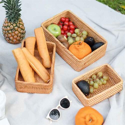 Rectangular Hand-woven Rattan Basket Candy Storage Picnic Tray Food Bread Dishes Handcraft Storage Case for Home Organization