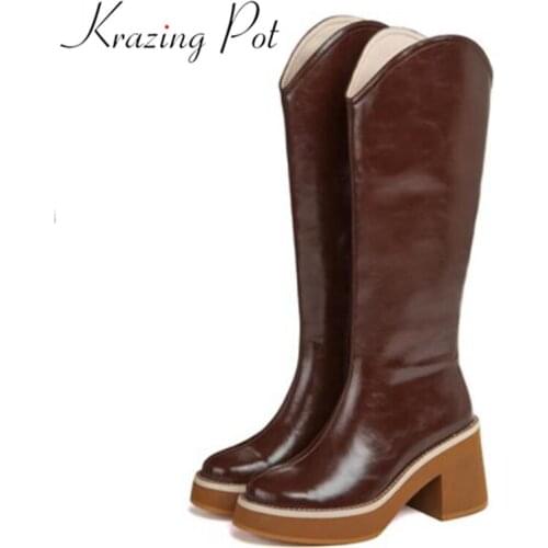 Krazing pot cow split leather retro round toe platform boots high heels zip lazy style big toe shoes equestrian thigh high boots