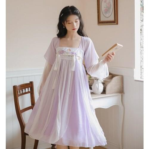 Chiffon Gentle Purple Long Sleeve Square Neck Embroidery Retro Elegant Hanfu Robe Femme Improved Fairy Sweet Dress