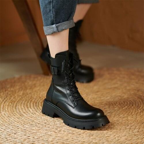 ZJVI Women 2021 Fashion Platform Genuine Leather Autumn Winter Ankle Boots 4cm Square Heels Woman Ladies Shoes For Girls Black