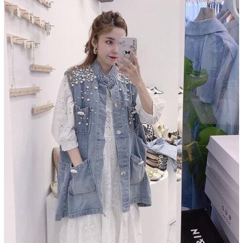 Summer 2021 Women Harajuku Covered Button Loose Pocket Pearl Beaded Denim Vest Casual Casaco Feminino 5XL Sleeveless Jeans Tops