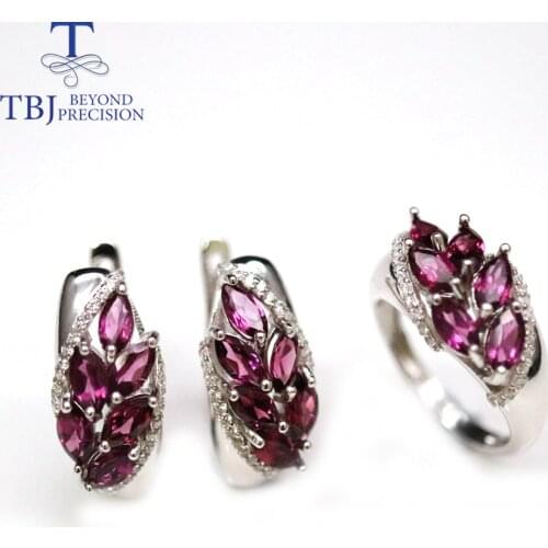 Tbj, NEW Natural Rhodolite Garnet jewelry set ,brazil gemstone clasp earring Ring 925 Sterling silver fine jewelry for women mom