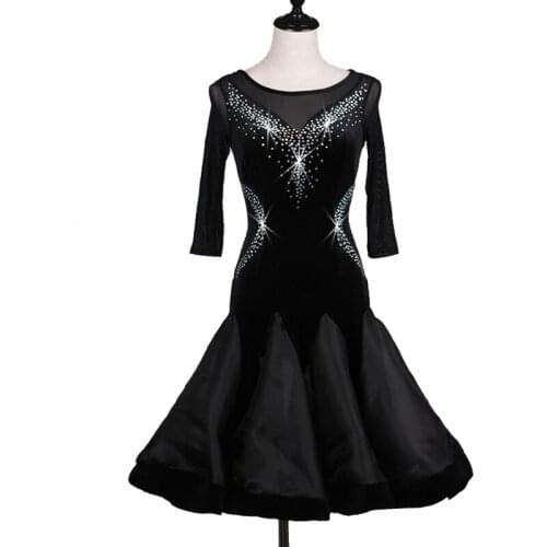 Latin Dance Performance Clothing Women Shiny Rhinestones Professional Latin Big Swing Skirt Middle Sleeve Latin Dance Dress