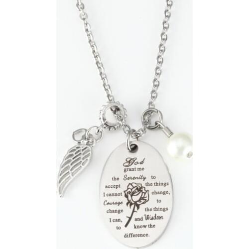 10pcs Lettering Necklace Angel Wings God grant me the serenity Stainless Steel Simple Necklace Fashion Jewelry