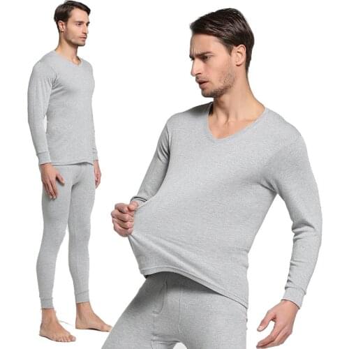 2019 Winter 100% Cotton Round Neck Warm Long Johns Set For Men Ultra-Soft Solid Color Thin Thermal Underwear Mens Pajamas M-3XL