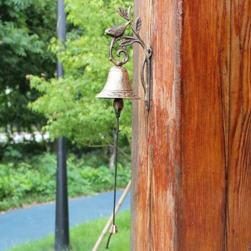 Antique Gold Bird Branch Cast Iron Wall Bell European Country Accent Handmade Metal Wall Mounted Hand Cranking Welcome Door Bell