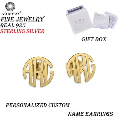 AOBOCO Brand Fine Jewelry Personalized Custom Monogram Name Stud Round Earrings Gift For Anniversary