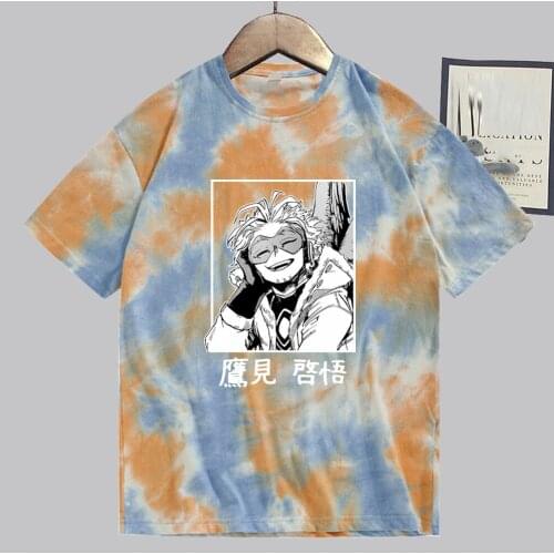 My Hero Academia Tie-dyed T-shirts Hawks Print Women Men Casual Oversized Loose MHA Anime Tee Crewneck Streetwear Top 2021