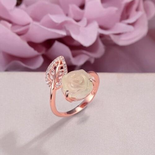 Fine Jewelry Rings For Women Solid 925 Silver 10*10mm Natural Prehnite Gemstone Big Rose Flower Leaves Luxury Ring R-PR014
