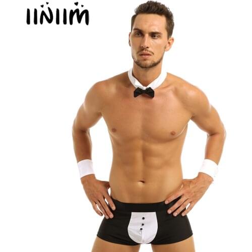 Mens Male Waiter Tuxedo Lingerie Suit Boxer Shorts Underwear with Bow Tie Collar Bracelets Sexy Nightclub Party Fancy Costumes
