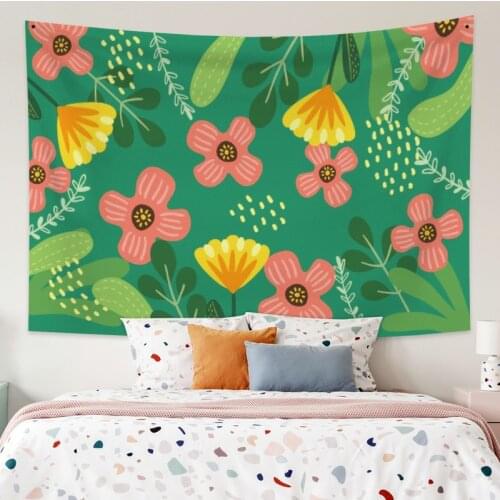 Red Little Flowers and Leaves Tapestry Vintage Exotic Summer Plant Nature Frame for Bedroom Photography Wall Decor