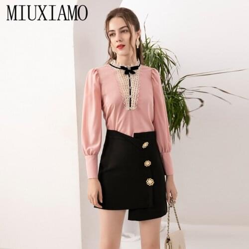 MIUXIMAO Fashion 2021 Spring New Women Suits Lace Patchwork Bow Shirt + Flower Button Half Skirt Office Casual Two Piece Set