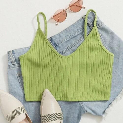 Fashion Slim Women Summer Tank Tops, Solid Color Ribbed Spaghetti Straps V-Neck Backless Crop Tops for Girls, 5 Colors