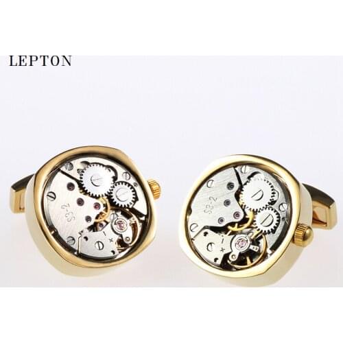 Lepton New Functional Watch Movement Cufflinks For Mens Stainless Steel Silver Color Steampunk Gear Watch Mechanism Cuff links
