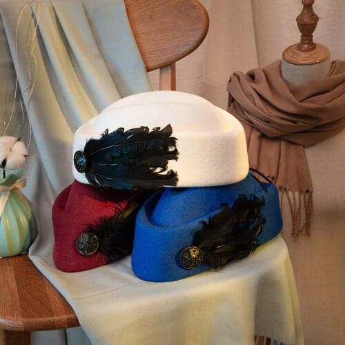 New Elegant Winter Hat Beret Women Wool Felt Beanie Hat French Dress Air Stewardess Hat Solid Pillbox Hat Beret Cap Millinery