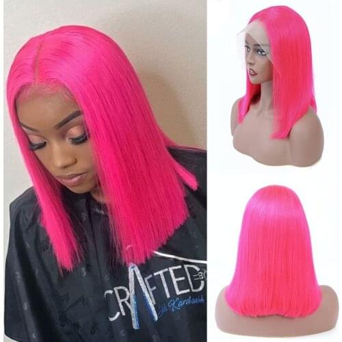Sapphire Pink Human Hair Wig Colored Short Bob Wig 150% Straight Bob Lace Front Wigs 13x2 Lace Front Human Hair Wigs For Women