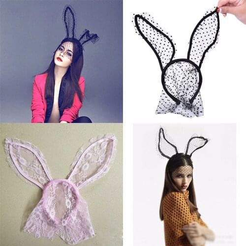 Hairbands Halloween Party Lace Rabbit Bunny Ears Veil Black Eye Mask Fashion