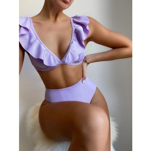 Sexy Ruffled Bikini 2021 Women Solid Purple High Cut Push Up High Waist Swimsuit Summer Bathers Bathing Suit Swimwear Biquini