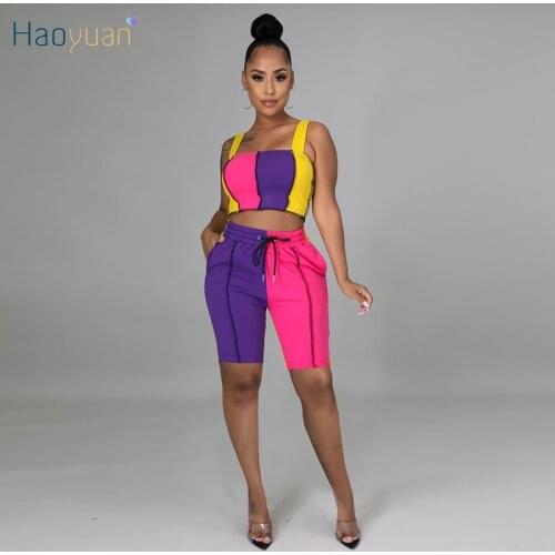 HAOYUAN Patchwork Sexy Two Piece Set Spaghetti Strap Crop Top Lace Up Shorts Summer Outfits for Women Tracksuit Matching Sets