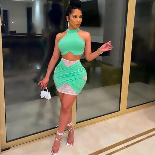 Mesh Patchwork Sheer Sexy Club Outfits for Women Bandage Dress Sets Elegant Off Shoulder Crop Top Mini Skirts Suits 2 Piece Set