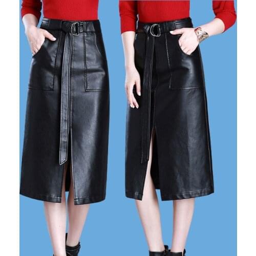 Women Pu Leather Skirt plus size 5xl Autumn Casual Office Work split High Waist Long Skirt Ladies Elegant a line Winter Skirts