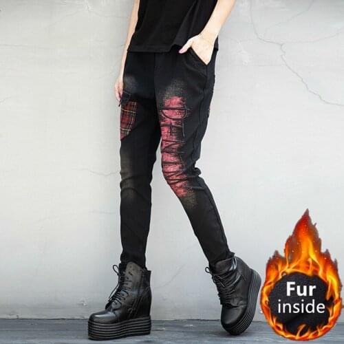 Denim Warm Embroidery Slim Style Punk Pants Vintage Womens 2019 Jeans Winter Max Fur Korean Plaid Trousers LuLu Ladies Fashion F