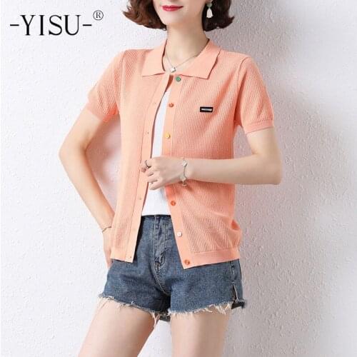 YISU College style Women Cardigan Lapel Solid color Cardigan Coat Short sleeve Sweater Summer Tops Thin Casual Knitted Coat