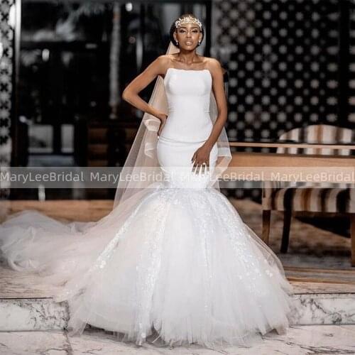 White Mermaid Wedding Dresses Vintage Appliques Long Court Train 2021 Custom Made Tanzaian Women Bridal Dress Vestido De Noiva