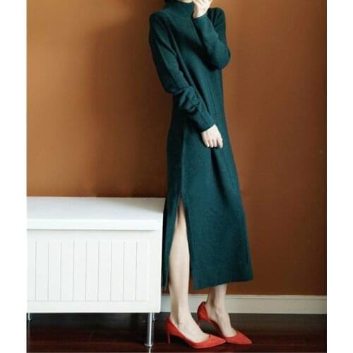 Autumn Winter New Half-high Collar Long Sweater Dress Women Split Fork Elegant Knitted Dress Loose Pullover Female Vestidos 3XL