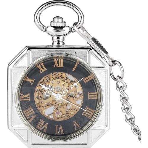 Antique Octagon Skeleton Mechanical Pocket Watch Fob Watches Chain Steampunk Male Hollow Clock Pendant Watches Reloj De Bolsillo