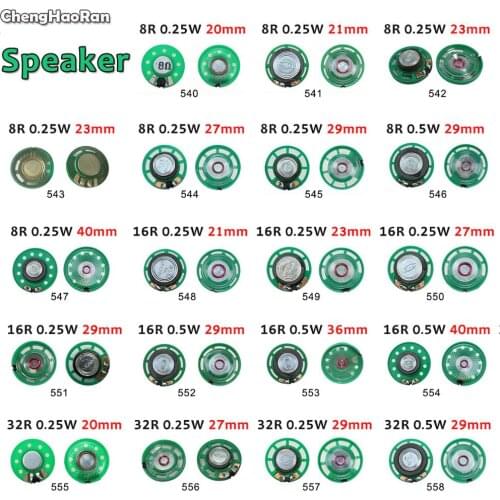 ChengHaoRan 1Piece 8 Ohm 0.25W 0.5W 16Ohm Horn Loudspeaker 8R 16R 32R 20mm 21mm 23mm 27mm 29mm 36mm 40mm Diameter Loud Speaker