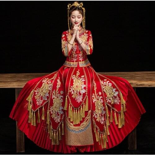 FZSLCYIYI Novelty Chinese Female Long Qipao Marriage Oriental Bride Wedding Dress Elegant Slim Mandarin Collar Cheongsam