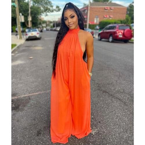 Orange Turtleneck Sleeveless Jumpsuit Womens Streetwear One Piece Overall Summer Sexy Backless Loose Romper Wide Leg Long Pants