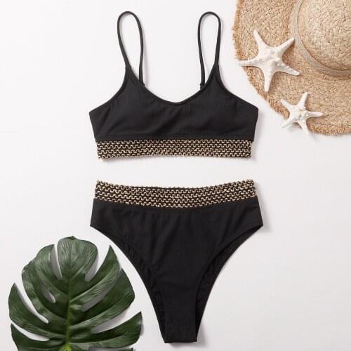 Pure color split European and American stitching bikini 2021 summer womens swimsuit new fashion trend womens swimming Spa