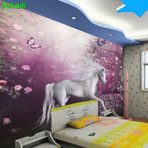 Any size of mural fantasy purple flowers children cartoon horse run personality study bedroom background wall painting