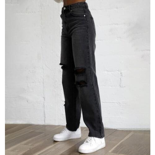 2021 Fashion Clothing Trendy Casual Long Denim Trousers Girlfriend High Waist Ripped Black Pants Women Wear Ragged Black Jeans