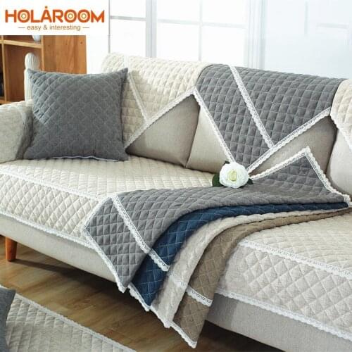 Anti-slip slipcover no armrest sofa covers for living room gray beige plaid couch cover with white lace home decor sofa fundas
