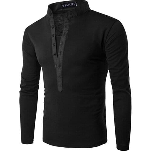 New Mens Solid Color Stand-up Collar T-shirt Button Placket Casual All-match Long-sleeved T-shirt Slim Bottoming Shirt for Men