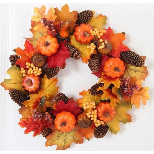 40cm Autumn Theme Door Wreath Artificial Pumpkin Berries Pine Cone Maple Manmade Garland Cloth Rattan Material Home Decoration