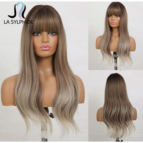 La Sylphide Daily Party Wig Long Natural Wave Light Brown Ombre Grey Ash Blonde Synthetic Wigs with Bangs for Black White Woman