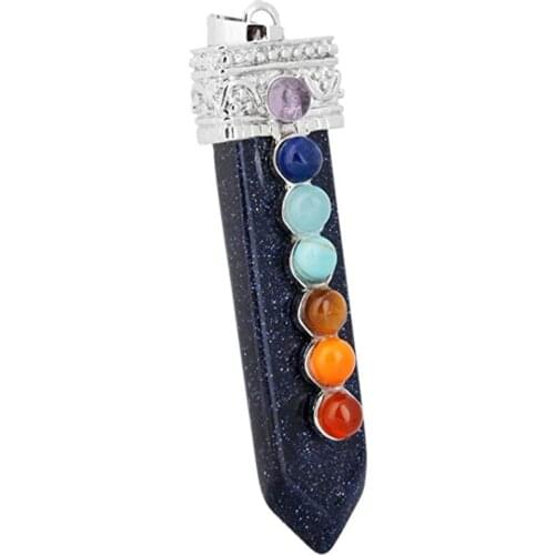 FYSL Silver Plated Sword Shape Blue Sand Stone Pendant Lapis Lazuli with Small Beads Healing Chakra Jewelry