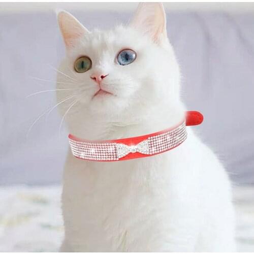 Adjustable Leather Pet Kitten Personalized Collar Crystal Bow Diamond Cat Dog Necklace Safety Buckle Collar Puppy Cat Collars
