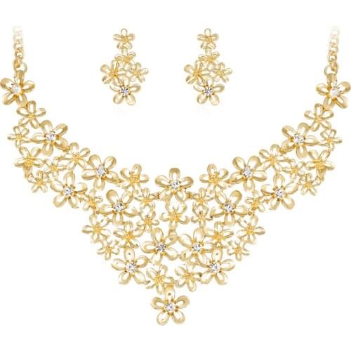 Shiny Rhinestones Gold-color Flowers Luxurious Necklace Earrings Fashion Jewelry Set Bride Wedding Party Accessories