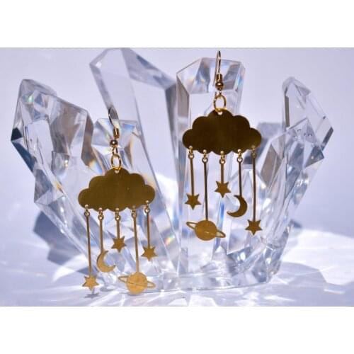 Celestial Earrings Dangling Planet Moon Star Cloud Metal Earrings - Handmade Laser Cut