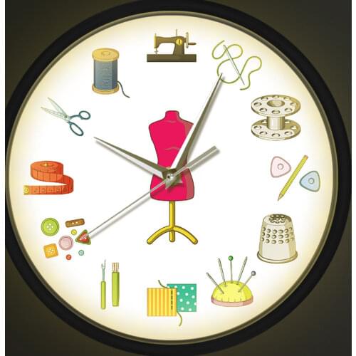 Seamstress LED Luminous Voice Control Wall Clock Light Tailor Shop Quilting Sew Time Sound-Activated Metal Frame Horologe