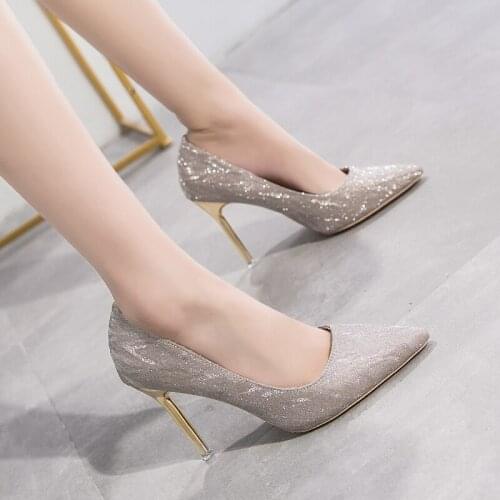 Rimocy Elegant Party Shoes for Women Stiletto Heels Silver Glitter Pumps Woman Pointed Toe High Heeled Bling Wedding Shoes Mujer