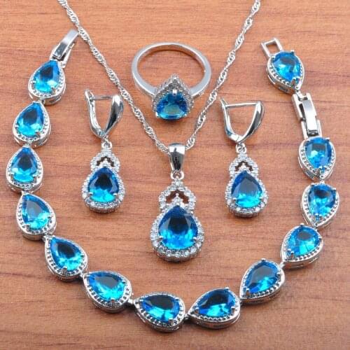 Summer refreshing Blue Crystal Jewelry Set Silver Color Earrings Necklace Ring Bracelet Suit Wild skirt Daisy jewelry set JS0322