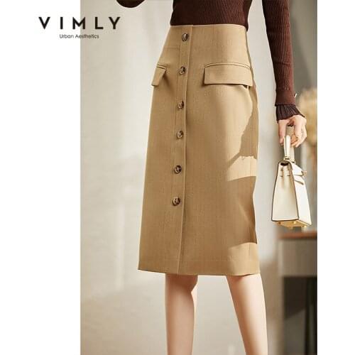 VIMLY Womens Skirt Autumn Fashion Split High Waist Skirts Office Ladies Sashes Skirts 2021 Knee Length Bottoms Woman F8818