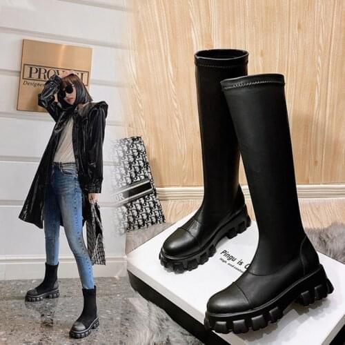 Botas Mujer 2021 Plus Size 33-46 Winter Women Shoes Knee High Round Toe Platform Heel Elastic Fashion Long Snow Boots 162-30